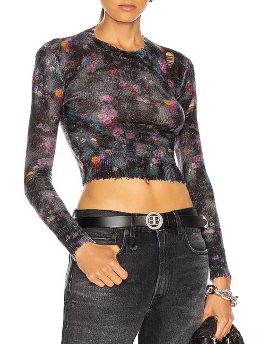 R13 distressed 100% cashmere crewneck sweater muted floral print long sleeves